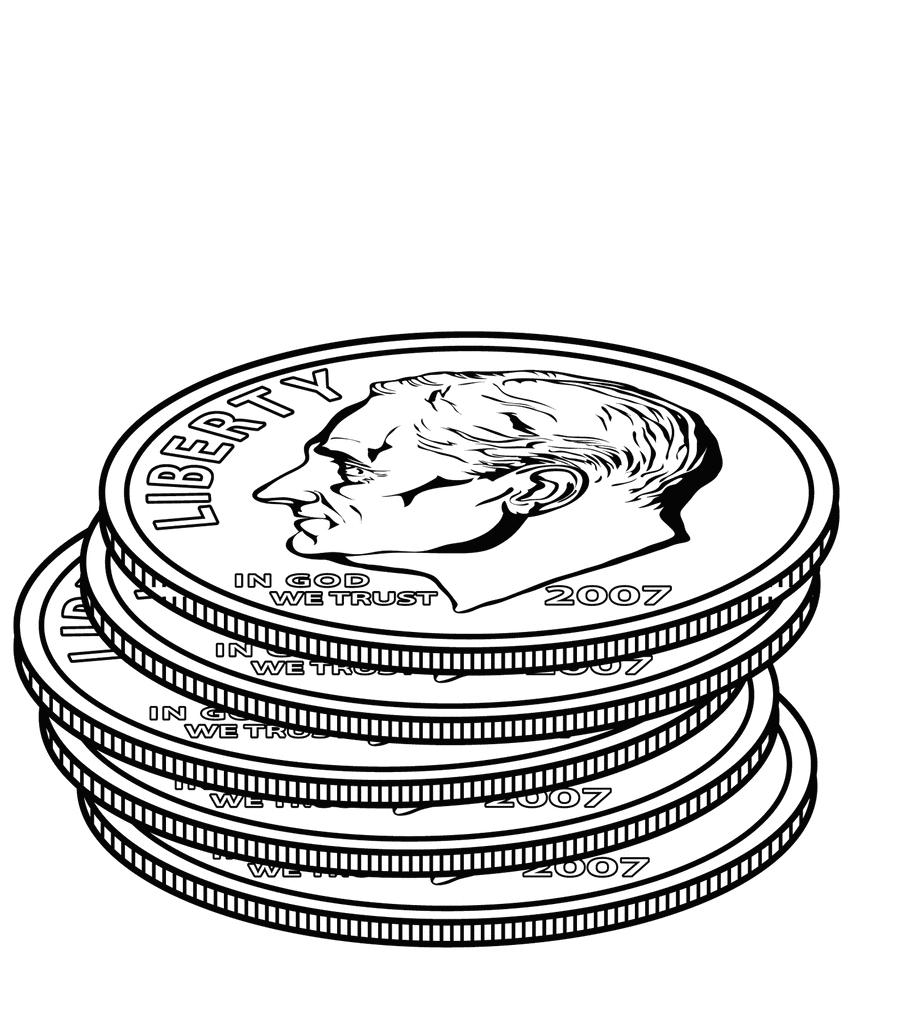 Stack of five 2007 U.S. dime coins showing Franklin D. Roosevelt profile, "Liberty" and "In God We Trust" inscriptions.
