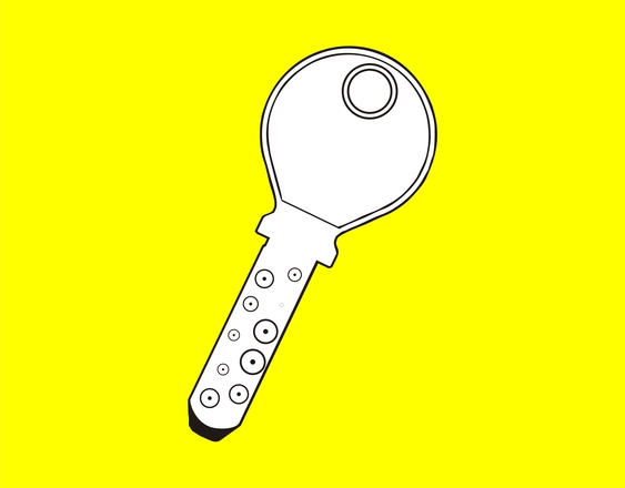 White line-art key with circular cutouts on blade, set against bright yellow background.