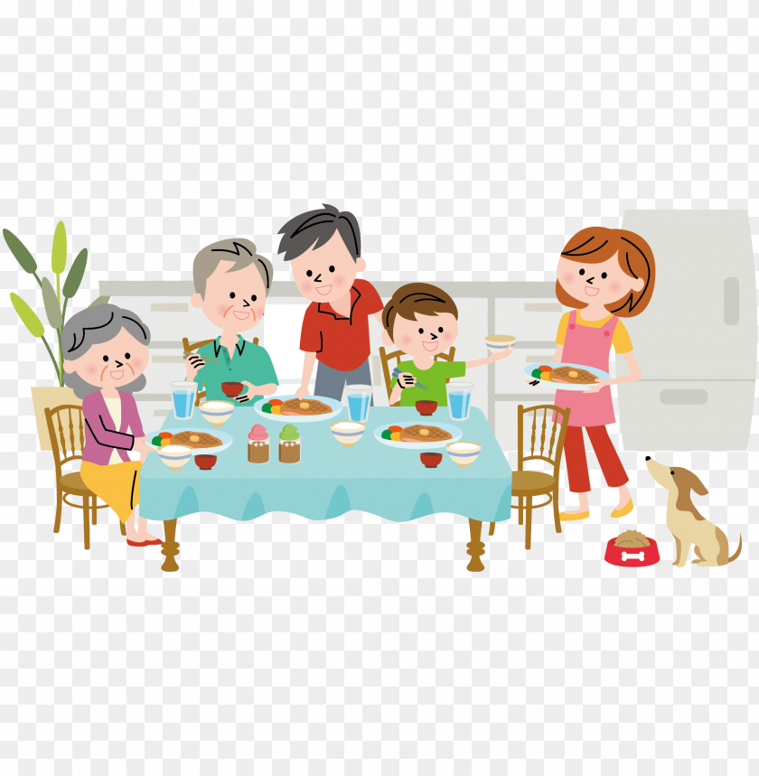 A multi-generational family enjoys a warm meal together at a dining table, with a dog waiting nearby.