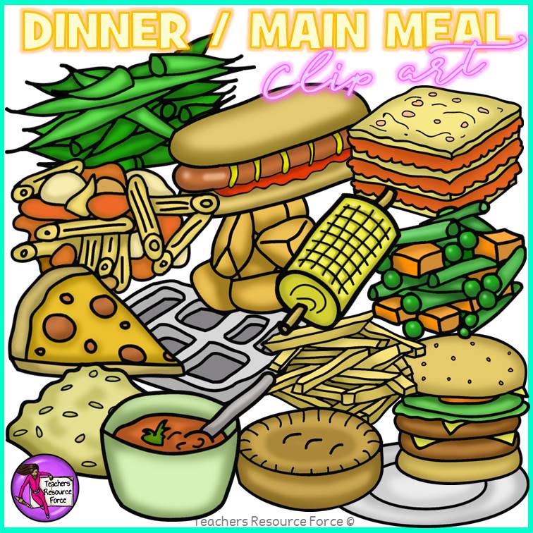 Colorful clip art collection of dinner and main meal items including burgers, pizza, pasta, corn, peas, and pie.