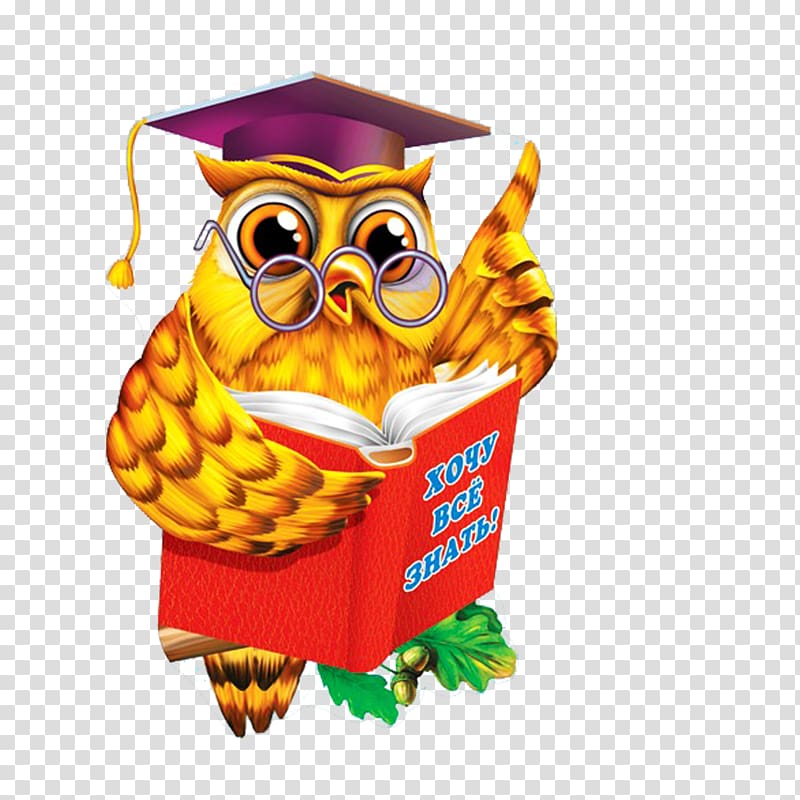 Wise cartoon owl in graduation cap and glasses reading a red book with Russian text "Хочу всё знать!" (I want to know everything!).