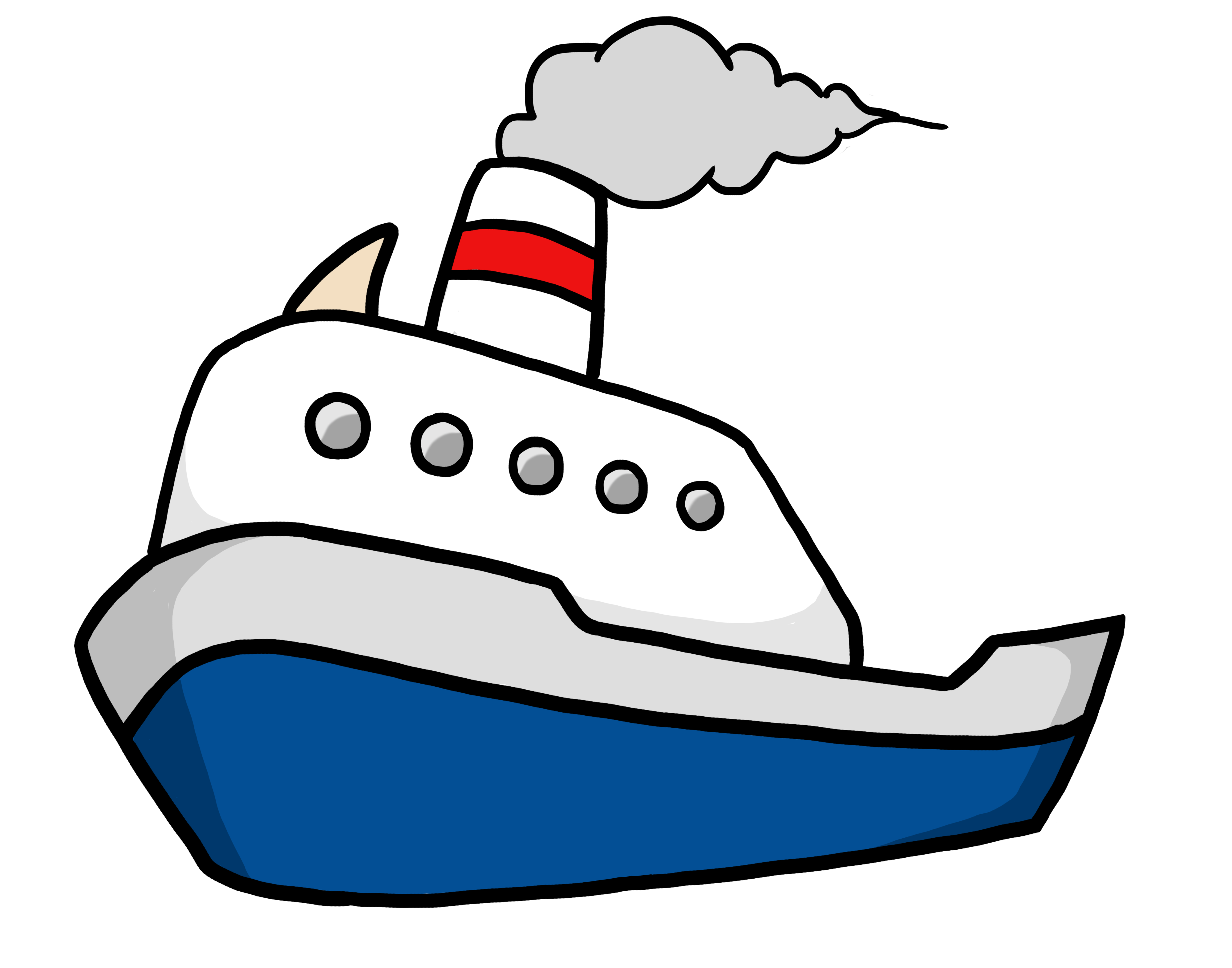 Cartoon-style white and blue cargo ship with red-striped smokestack emitting gray smoke.