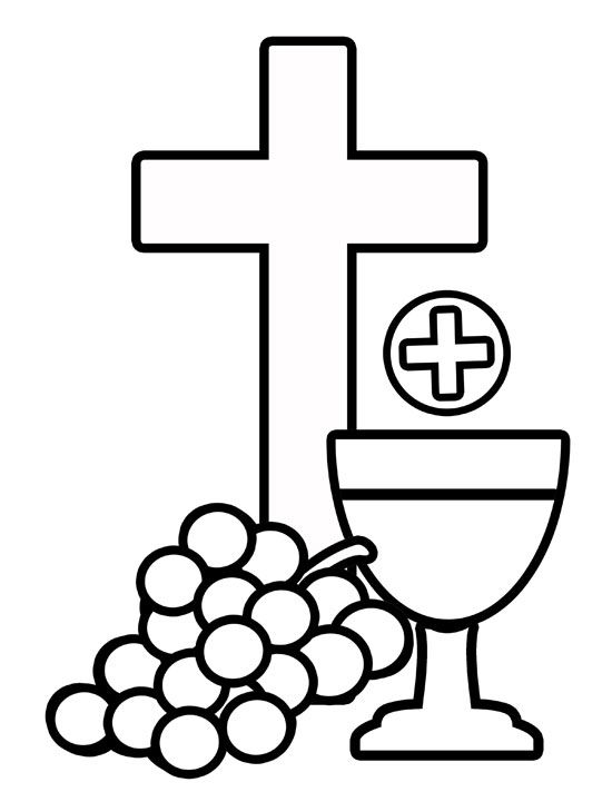Christian symbols: cross, chalice with host, and grapes representing Eucharist and sacrifice.