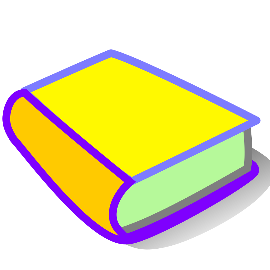 A brightly colored cartoon-style closed book with yellow cover, orange spine, green pages, and purple outline.