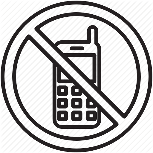No mobile phone symbol: a classic flip phone inside a circle with a diagonal slash, indicating prohibition.