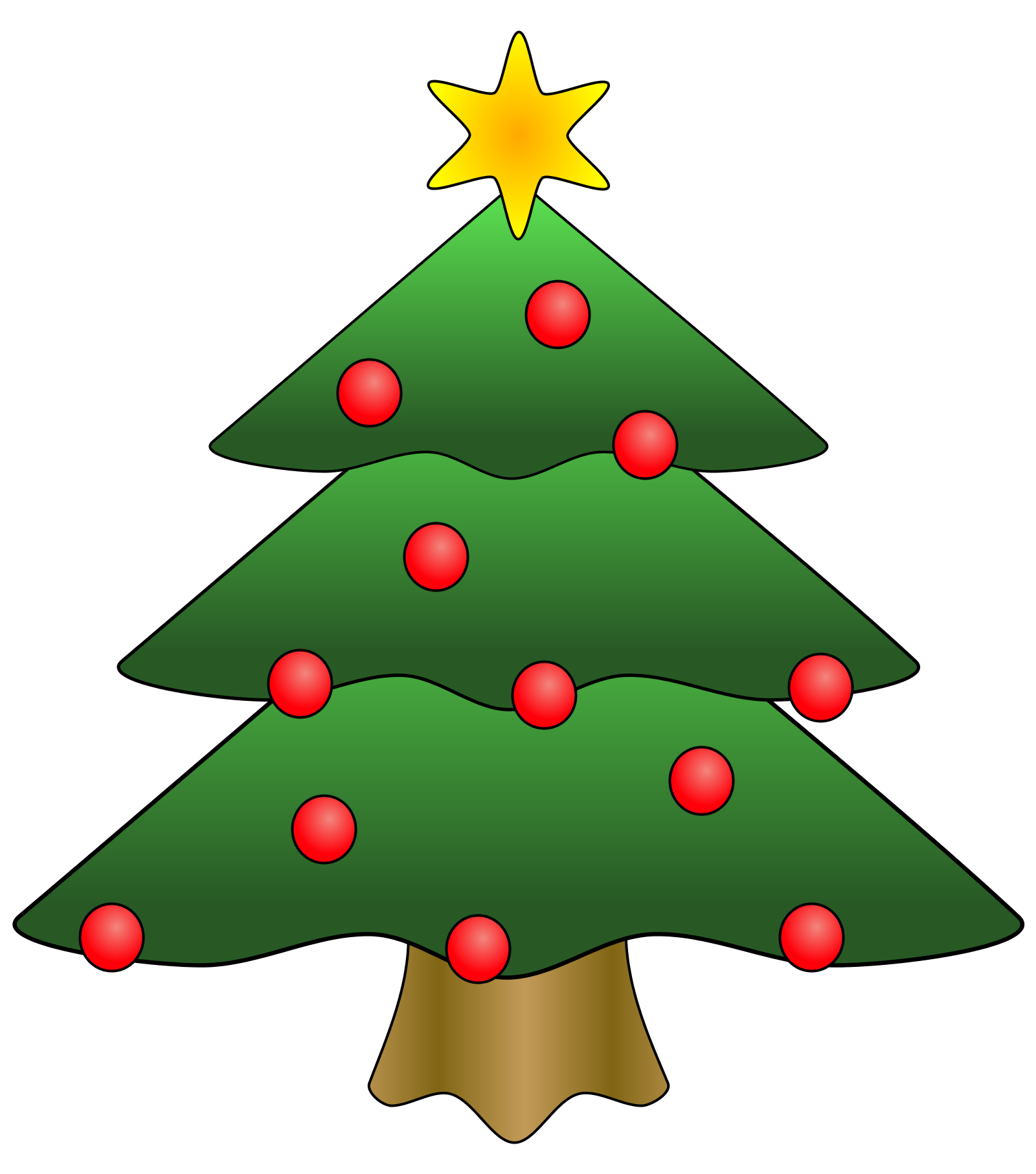 A decorated green Christmas tree with red ornaments and a yellow star on top.