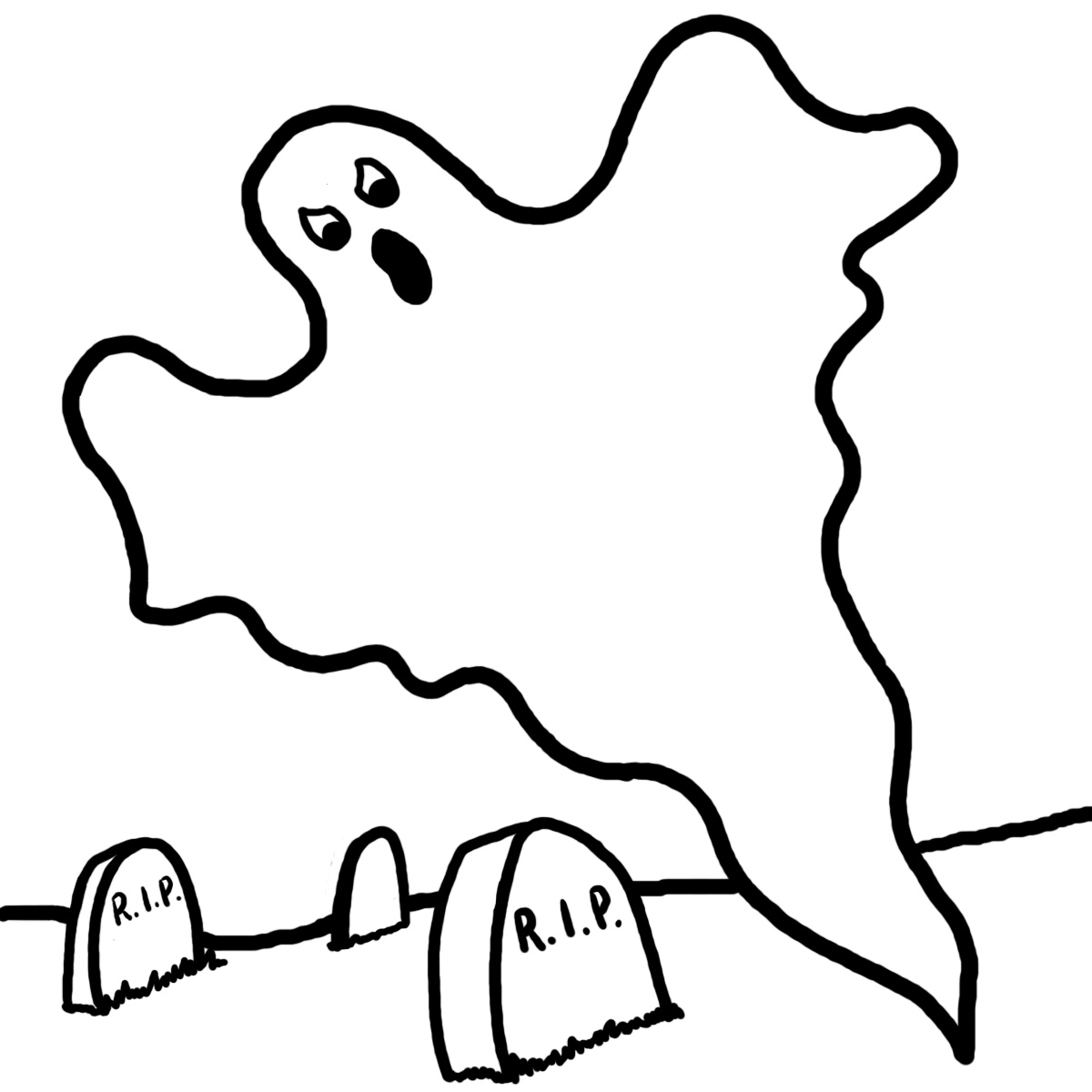 A cartoon ghost with wide eyes and open mouth floats above two tombstones marked "R.I.P." in a graveyard scene.