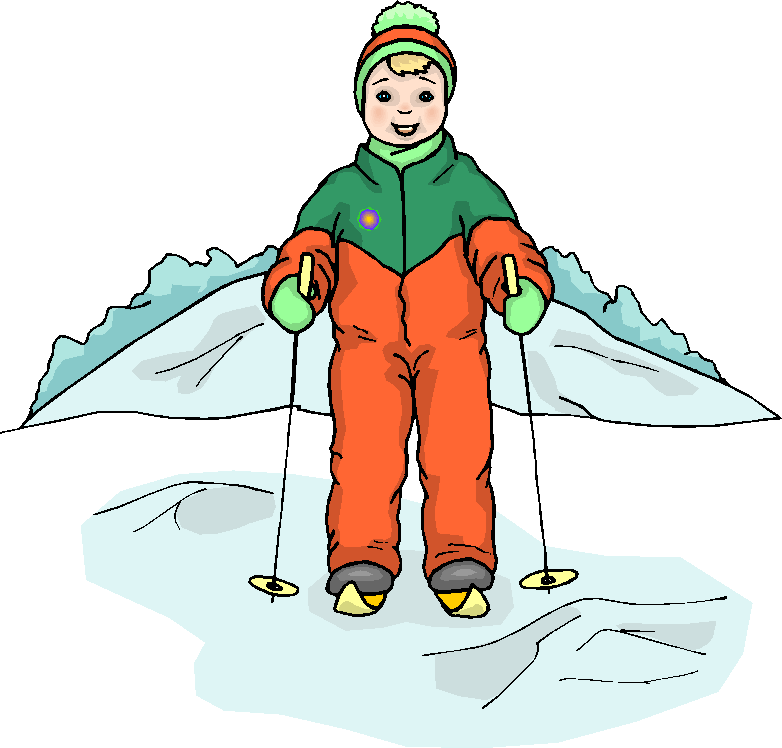 A smiling child in green jacket, orange snowsuit, and beanie stands on skis with poles on snowy terrain.