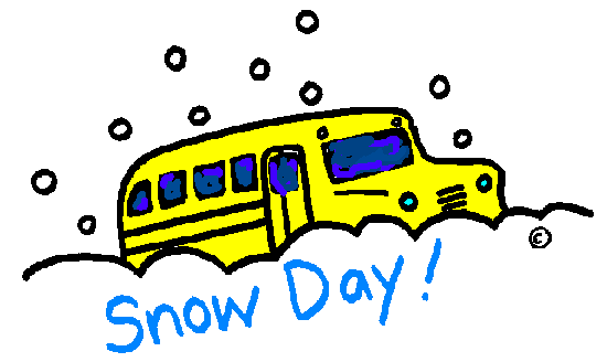 Yellow school bus driving through deep snow with snowflakes falling and "Snow Day!" written below.
