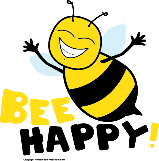 Cheerful cartoon bee with raised arms and big smile, text "BEE HAPPY!" below.