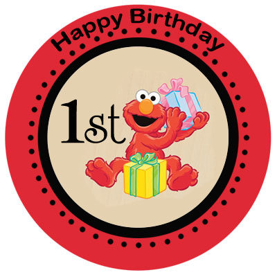 Elmo celebrating his 1st birthday with colorful gifts on a red circular badge.