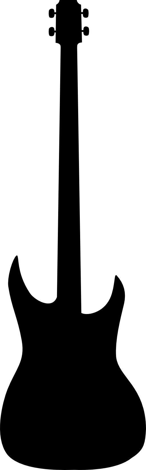 Black silhouette of a solid-body electric guitar with double-cutaway body and six tuning pegs.