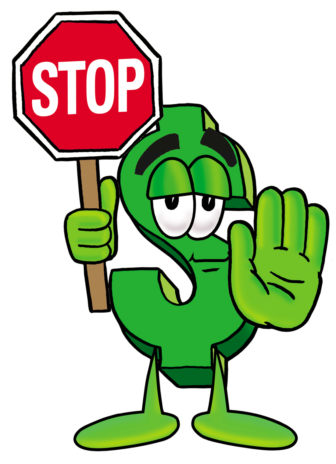 Green cartoon dollar sign character holding a red STOP sign and gesturing "stop" with hand.