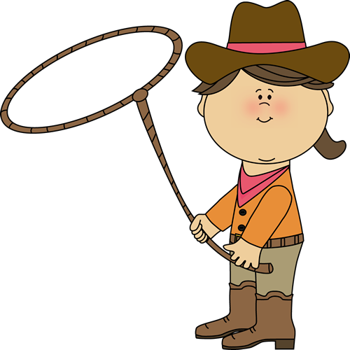 Cartoon girl in cowboy hat and boots swinging a lasso, smiling cheerfully.