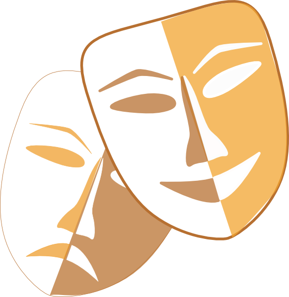 Classic theater masks representing comedy (smiling) and tragedy (frowning), stylized in warm orange and white tones.