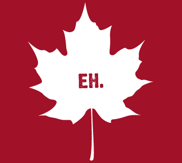 White Canadian maple leaf on red background with "EH." text in center, stylized patriotic design.