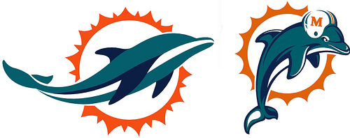 Miami Dolphins logo evolution: classic leaping dolphin vs. modern version with helmet and 'M' emblem.