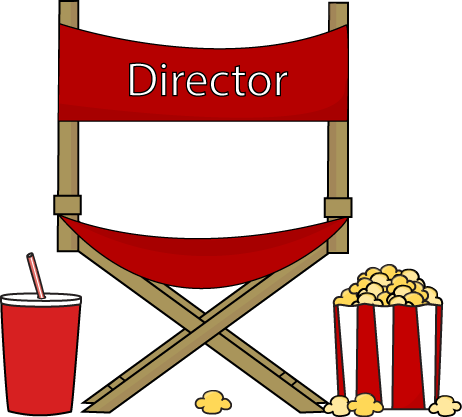 Red director's chair with "Director" banner, popcorn bucket, and soda cup on black background.
