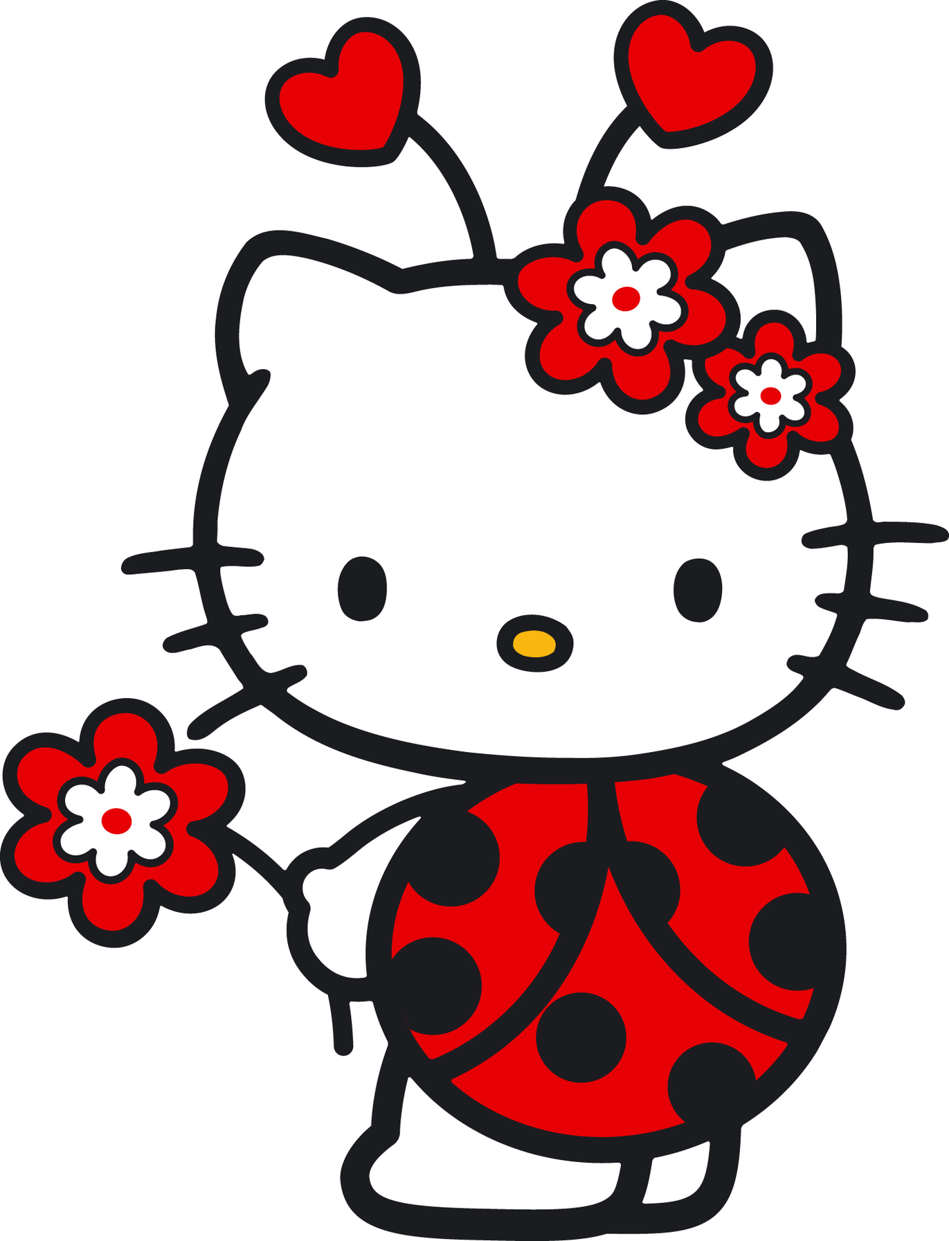 Hello Kitty dressed as a ladybug with red flowers and heart antennae, holding a flower.