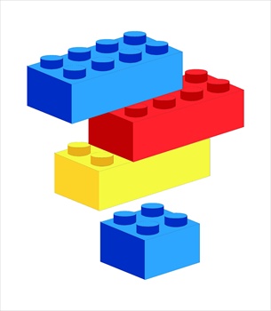 Four colorful LEGO bricks stacked in a staggered arrangement-blue, red, yellow, and blue-on a white background.