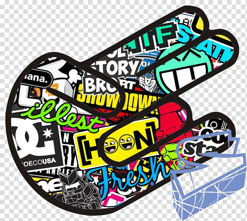 A vibrant collage of streetwear and skate culture stickers arranged in a peace sign silhouette with bold graphics and brand logos.