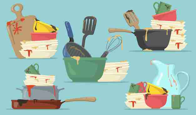 A colorful cartoon illustration of a messy kitchen with stacks of dirty dishes, pots, pans, utensils, and spilled food.