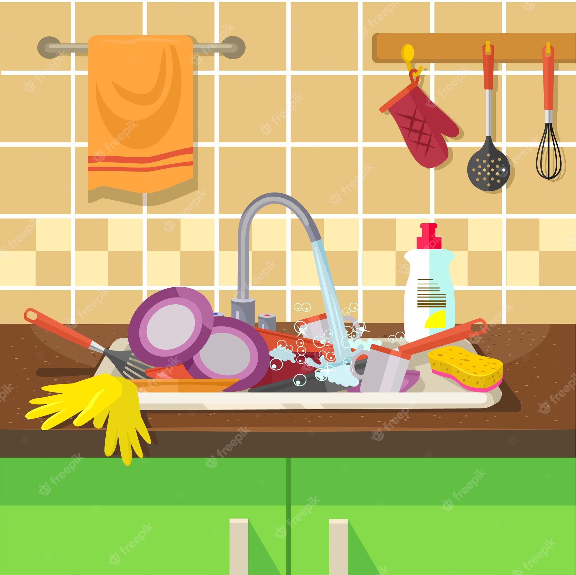 A cluttered kitchen sink overflowing with dirty dishes, soap suds, gloves, and cleaning tools under a running faucet.