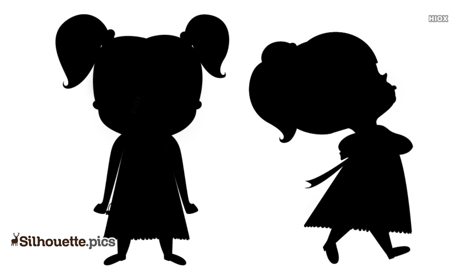 Silhouette of two cartoon girls-one with pigtails standing, the other with a bun walking in profile-on white background.