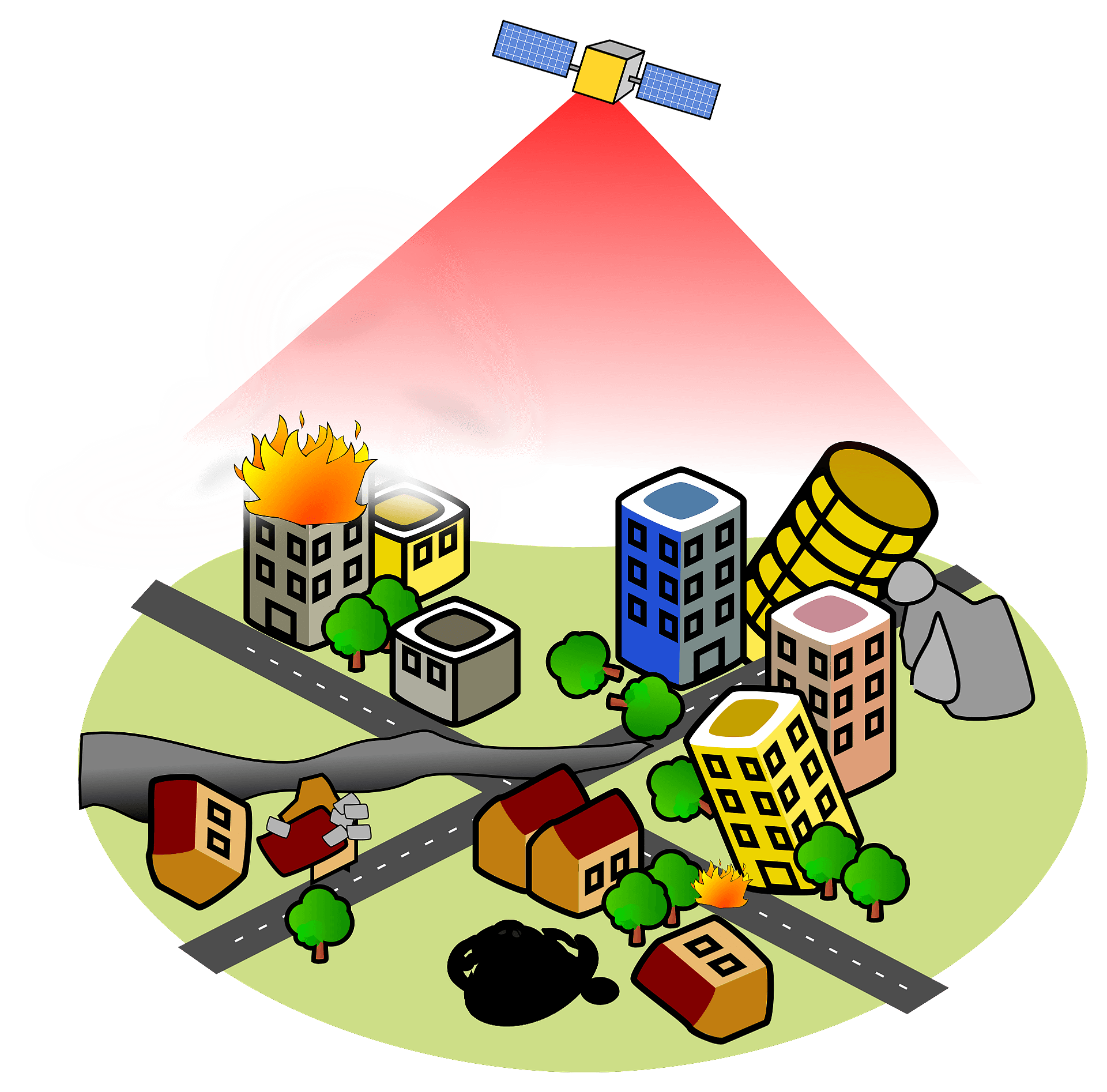 Satellite with solar panels emitting a red beam toward Earth, illustrating remote sensing or disaster monitoring.