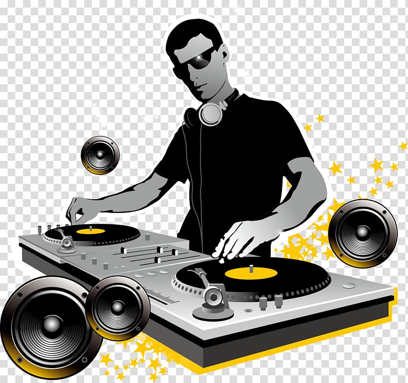 DJ in sunglasses mixing records on turntables with speakers and starburst effects.