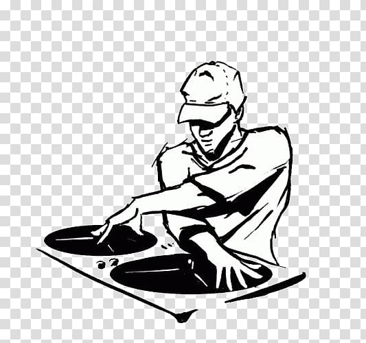 Black-and-white sketch of a DJ wearing a cap, mixing records on turntables with focused expression.