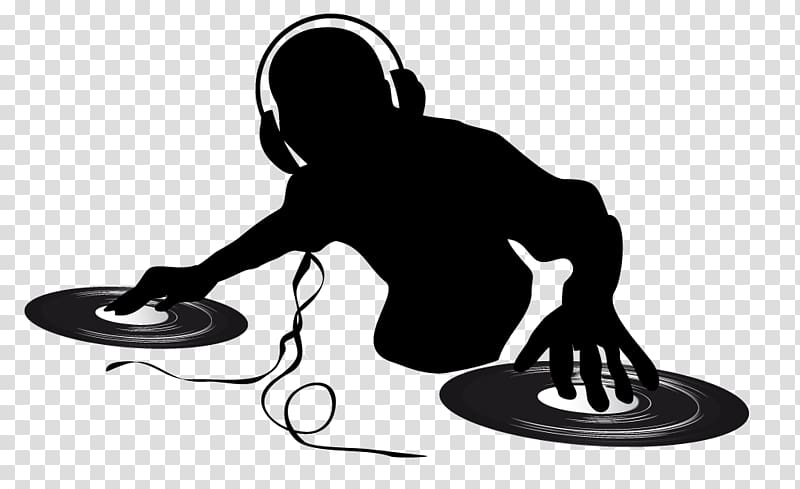 Silhouette of a DJ wearing headphones, scratching vinyl records on two turntables with cables visible.