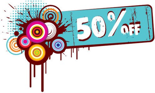 Vibrant grunge-style graphic advertising a 50% off sale with colorful swirls and paint splatter effects.