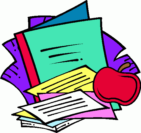 Colorful stack of school supplies including notebooks, papers, and a red apple.