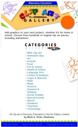 Clip Art Gallery homepage from Discovery Education featuring colorful categories and educational clip art samples.