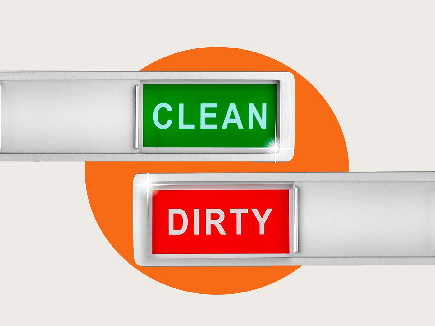 Two illuminated status indicators: green "CLEAN" and red "DIRTY", set against an orange circular background.