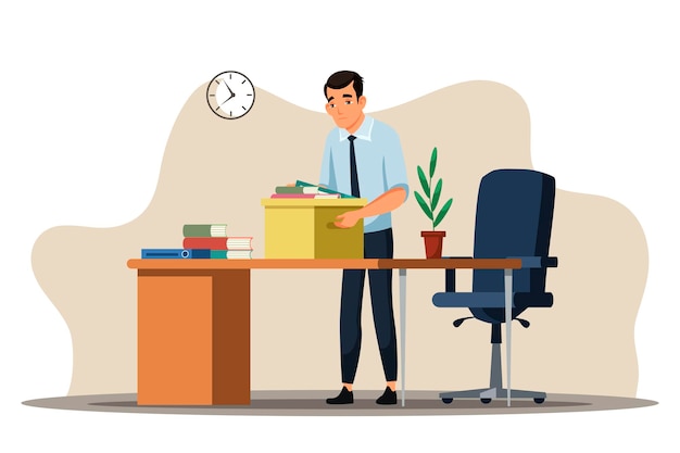Man packing office belongings into a box at desk, signaling job transition or relocation.