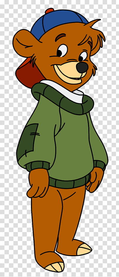 A cheerful cartoon bear wearing a blue cap, green hoodie, and brown pants, smiling with hands in pockets.