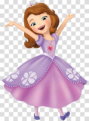 Princess Sofia from Disney Junior, smiling joyfully in a purple gown with floral details and a tiara, arms raised in celebration.