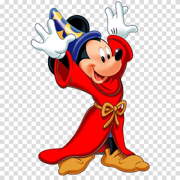 Mickey Mouse as the Sorcerer’s Apprentice in a red robe and blue hat, waving joyfully.