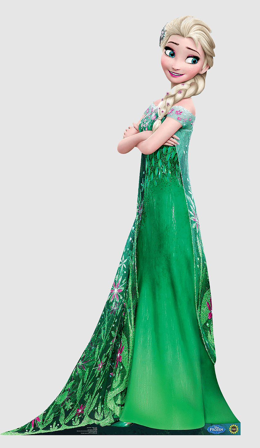 Elsa from Frozen in a vibrant green floral gown with braided blonde hair and confident pose.