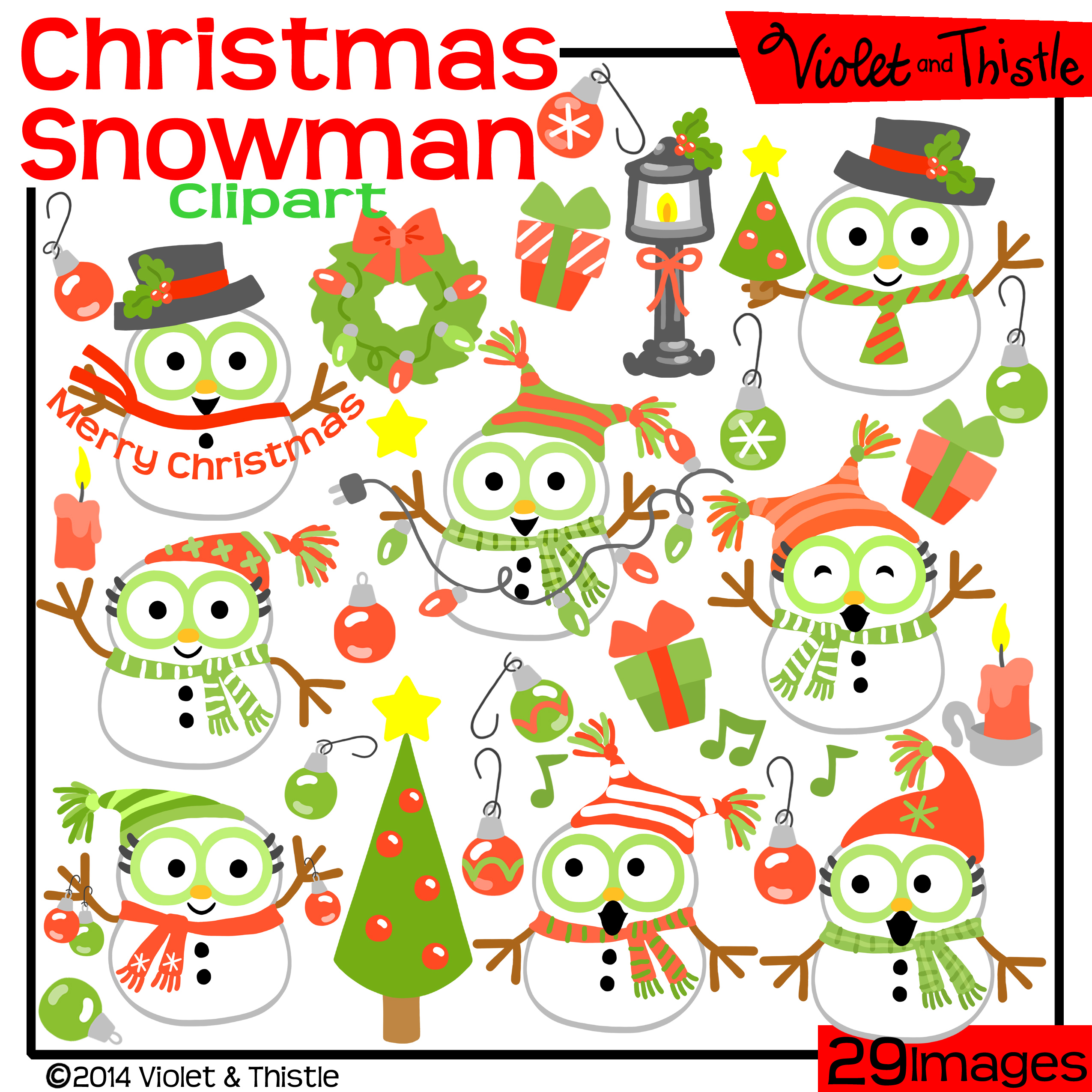 Festive Christmas snowman clipart set with owls, ornaments, trees, gifts, and holiday decor by Violet and Thistle.