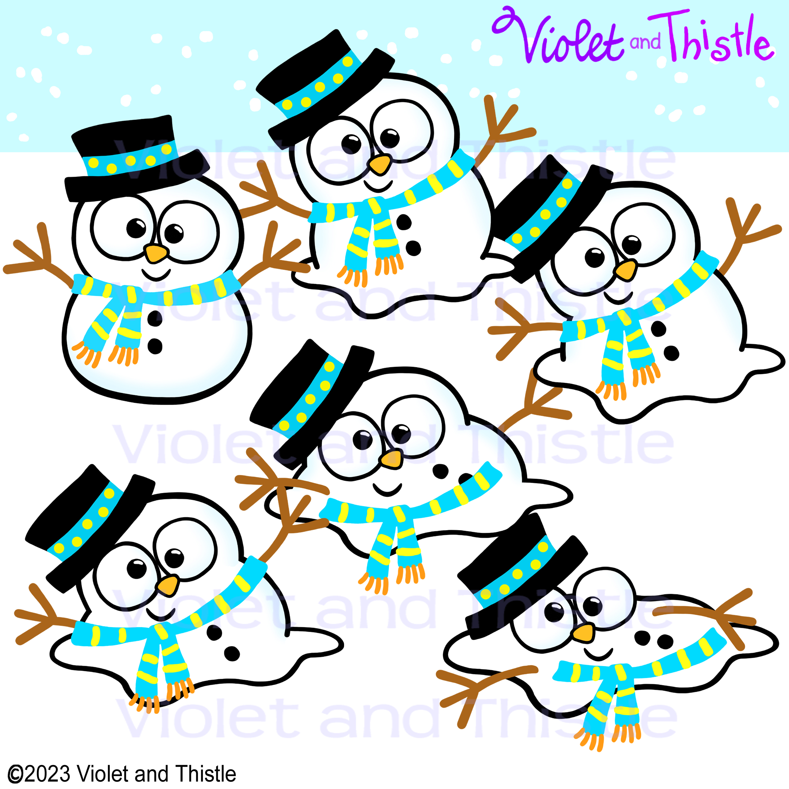 Six cheerful cartoon snowmen wearing black top hats with blue bands and striped scarves, set against a snowy sky.