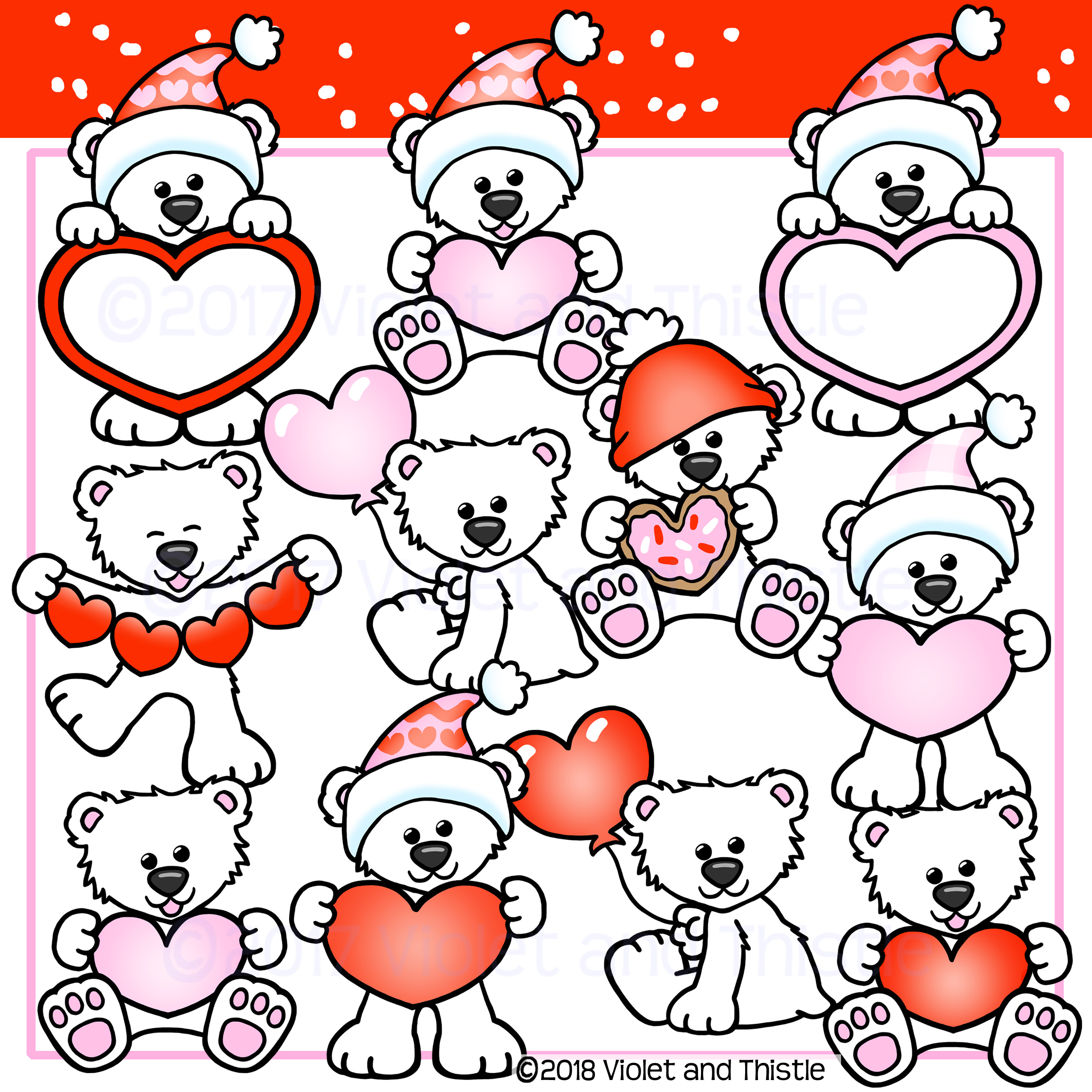 Cute cartoon polar bears in Valentine’s Day hats holding hearts and cookies, red and pink festive background.
