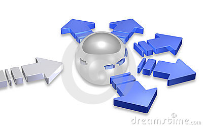 A metallic sphere surrounded by blue directional arrows and a single silver arrow approaching from the left, symbolizing decision-making or routing.