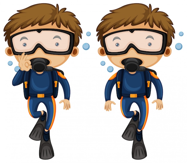 Two cartoon scuba divers in blue wetsuits with masks, fins, and oxygen tanks; one gives an OK sign underwater.