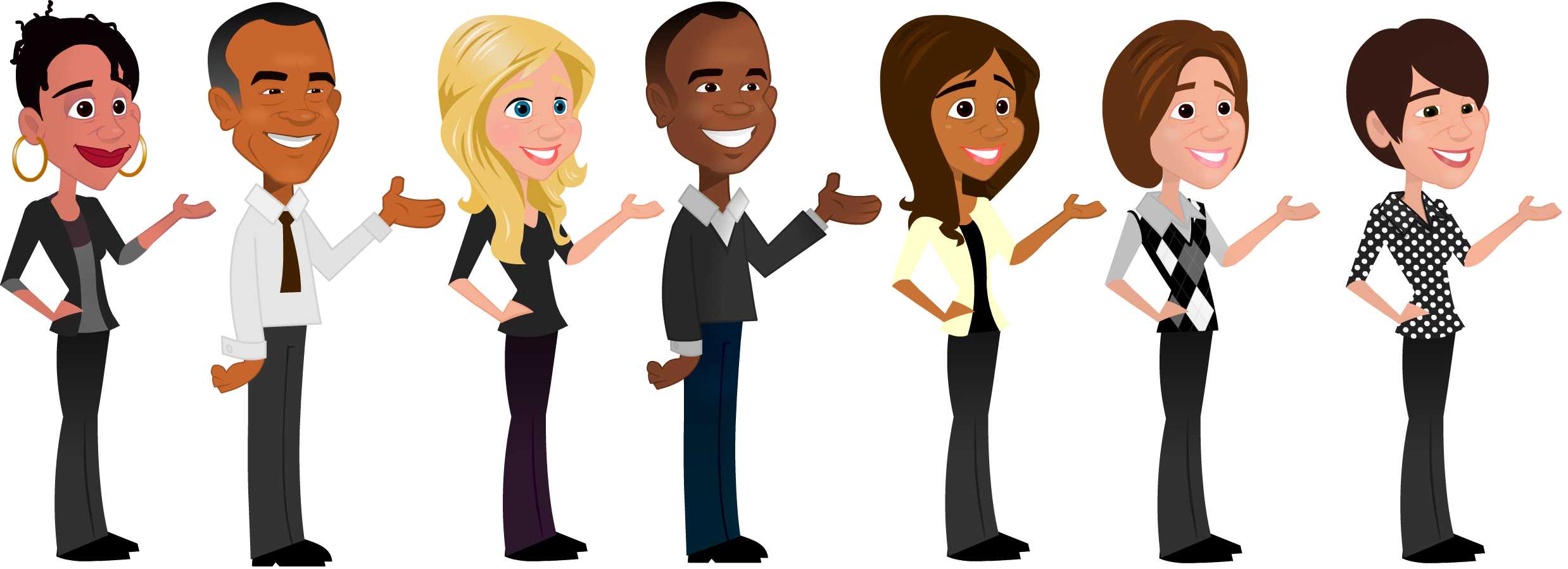 Seven diverse cartoon professionals smiling and gesturing welcomingly in business casual attire.