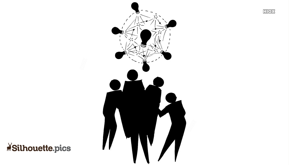 Silhouette of four people looking up at a network of interconnected lightbulbs symbolizing collaborative innovation and idea sharing.