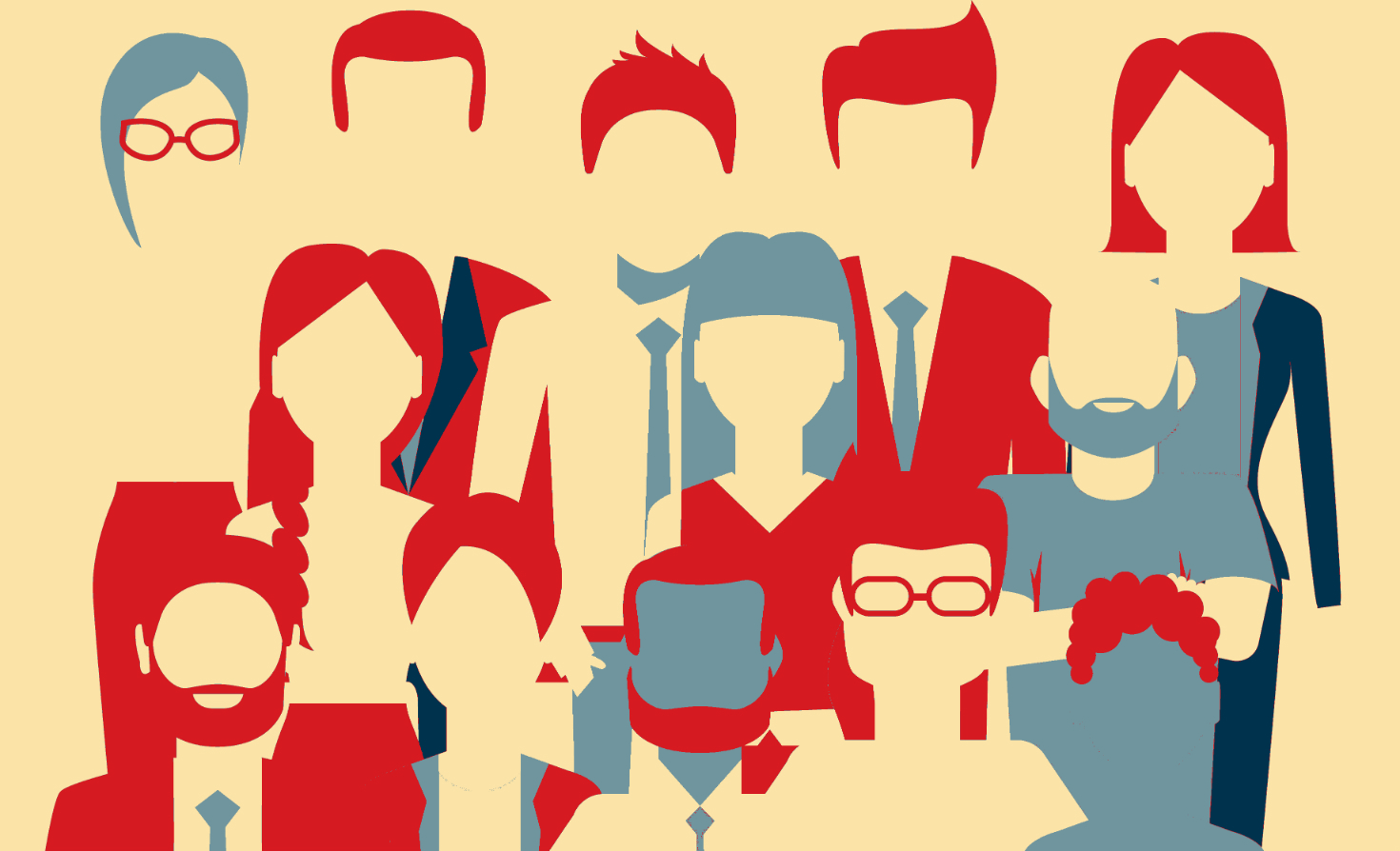 Stylized diverse group of people in red, blue, and beige tones, representing teamwork and inclusion.