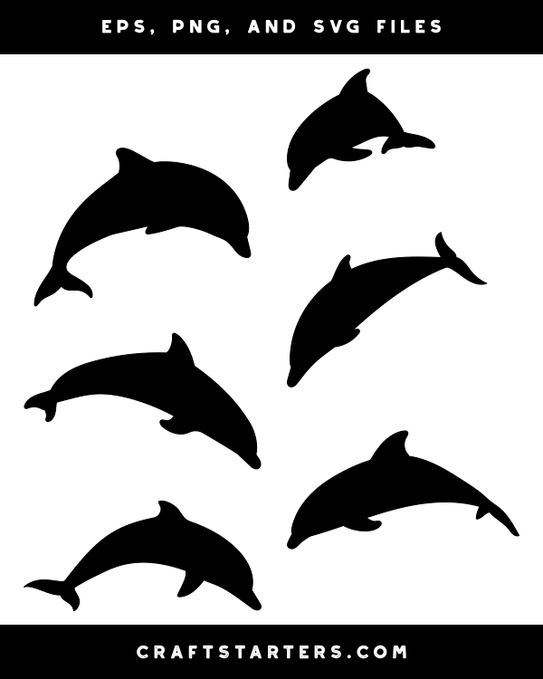 Six black dolphin silhouettes in dynamic jumping poses on white background, available as EPS, PNG, and SVG files.